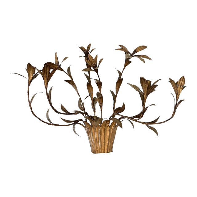Vintage French Gilded Metal Basket of Flowers Wall Sconce For Sale