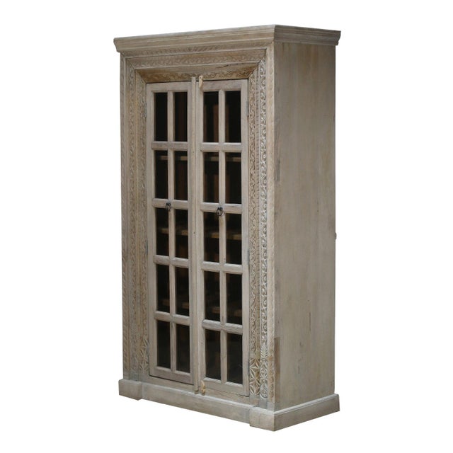 Eclectic Hand Carved Farmhouse Style Armoire With Glass Panel Doors | 82 Inch and 2 Door Tall Armoire | Unique Display Cabinet For Sale - Image 4 of 8