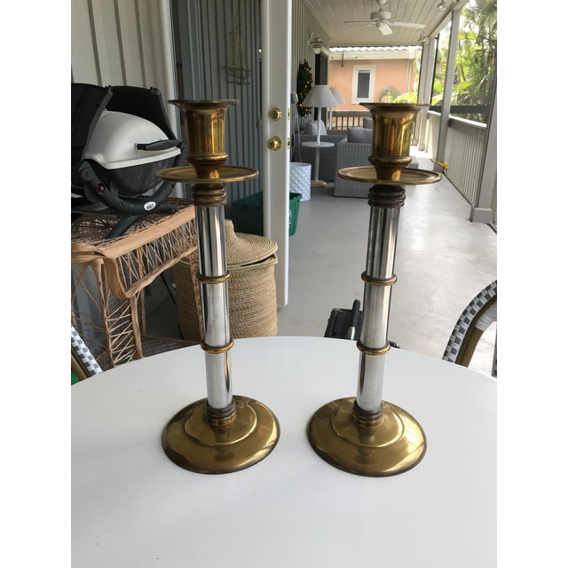 Wood Maitland Smith Brass and Chrome Bamboo Style Tall Candlesticks-A Pair For Sale - Image 7 of 7