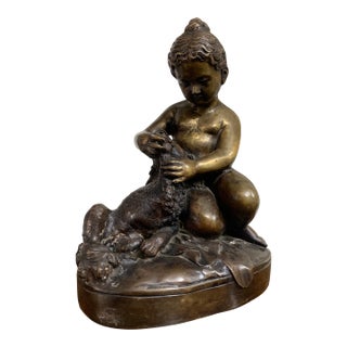 Vintage Bronze Style Sculpture of Child Bathing Dog Figurine – Classical European Style Statue For Sale