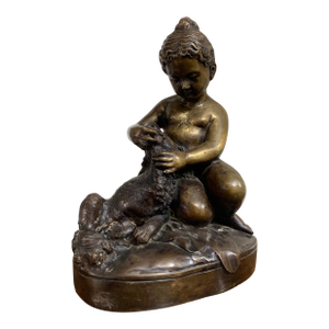 Vintage Bronze Style Sculpture of Child Bathing Dog Figurine – Classical European Style Statue