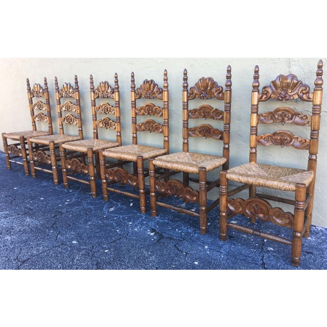 Late 19th Century 20th Century Set of Six Catalan Chairs in Carved Walnut and Caned Seats For Sale - Image 5 of 18