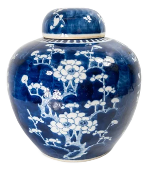 19th Century Chinese Blue and White Ginger Jar and Cover With Prunus Decoration