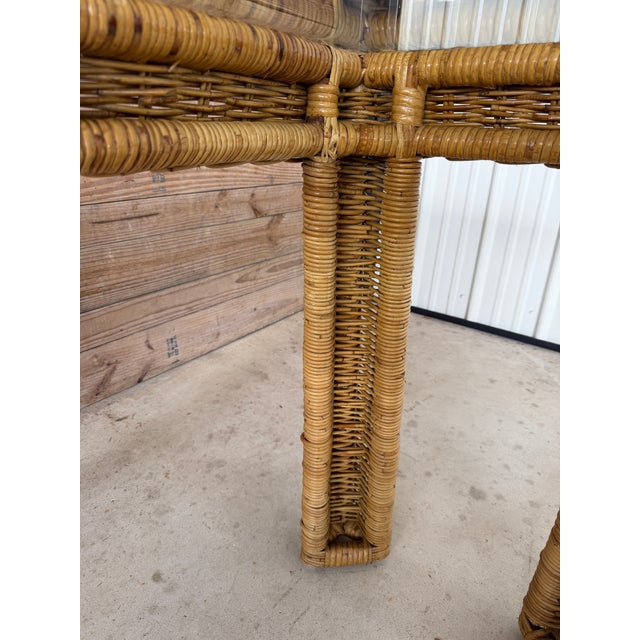 Vintage Handwoven Braided Rattan Console Table Glass Insert For Sale - Image 9 of 12