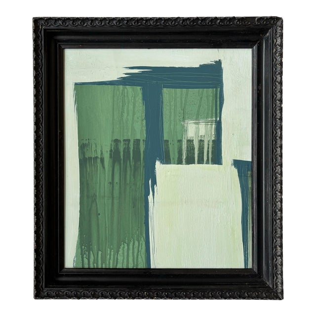“Serenity Pines" Green Abstract Art in Vintage Frame, Transitional Living Room Art by JTS For Sale