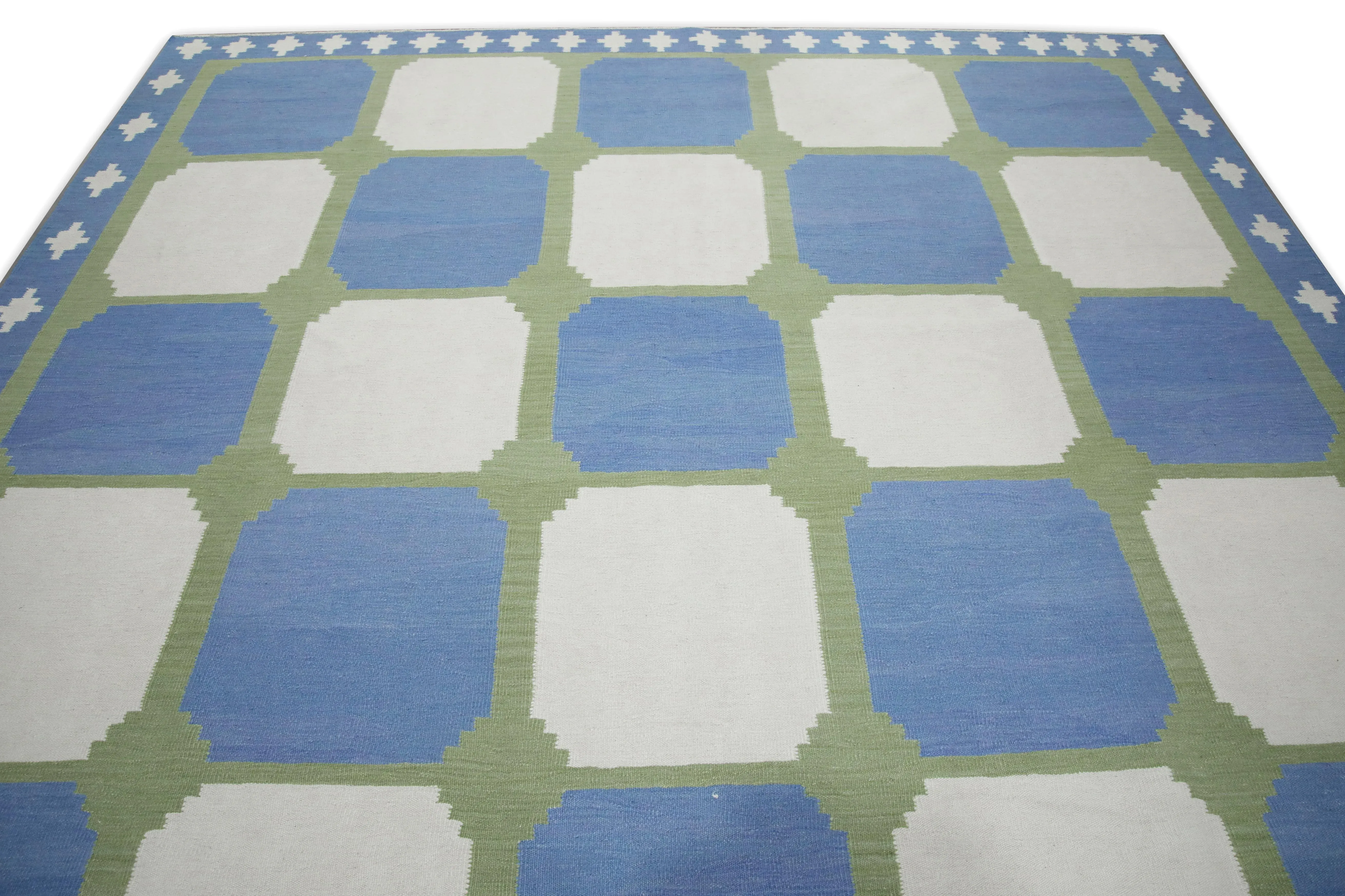 Blue and Green Geometric Design Handmade Modern Kilim Rug 5' X 7