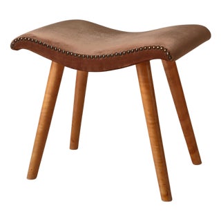 Swedish Modern Birchwood Stool with Curved Seat and Pearl-Studded Brown Velvet, 1940s For Sale