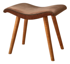 Swedish Modern Birchwood Stool with Curved Seat and Pearl-Studded Brown Velvet, 1940s