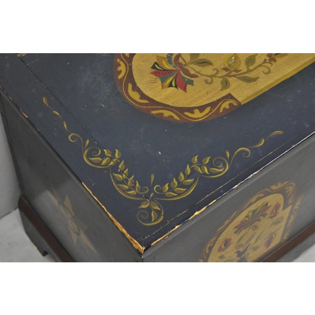 Wood Antique Pennsylvania Dutch Colonial Blue Hand Painted Blanket Chest Trunk For Sale - Image 7 of 18