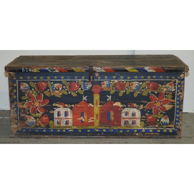 Stunning, circa 1900 hand painted Romanian clothes trunk or marriage coffer chest depicting a large Church to the front I...