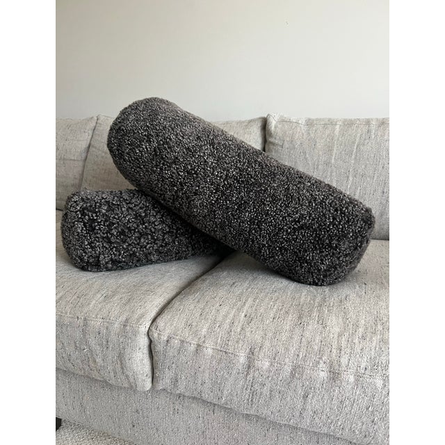 Contemporary Set of 2 New Zealand Sheepskin Bolster Pillows – Curled Wool in Charcoal Cocoa For Sale - Image 3 of 5