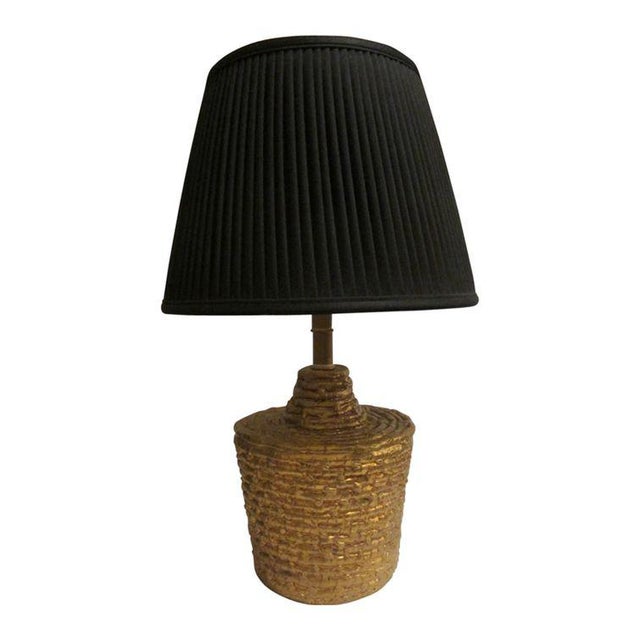 1960s Gold Painted Raffia Table Lamp With Black Shade For Sale - Image 10 of 10