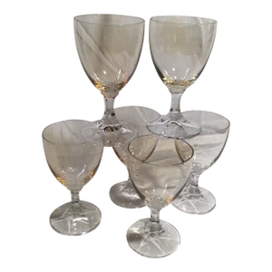Vintage Amber Opalescent Bowl With Hexagon Clear Stem Wine Glasses-Set of 6