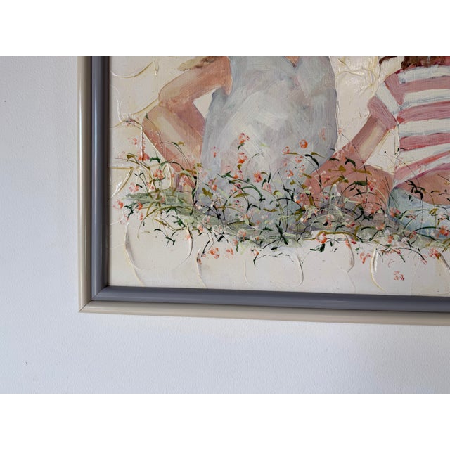 Wood 1980s Vintage Shallom Two Girls Impressionist Textured Oil on Board Painting, Framed For Sale - Image 7 of 12