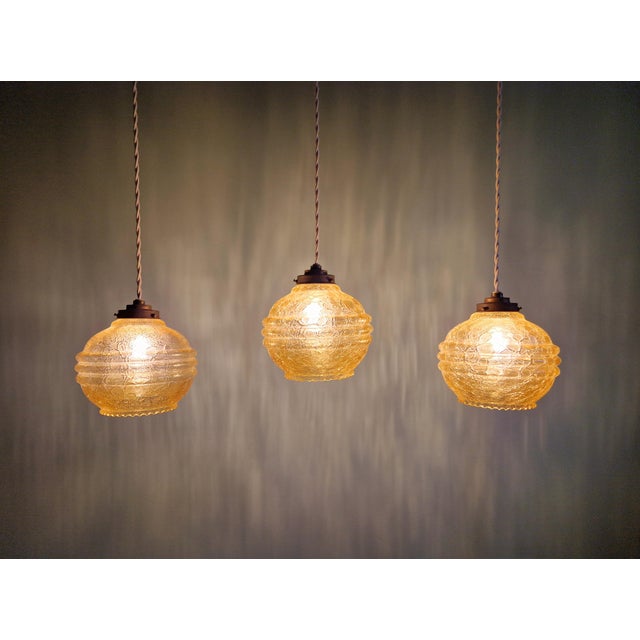 Art Deco Pendant Lights in Amber Cracked Glass, 1920s, Set of 3 For Sale - Image 12 of 13