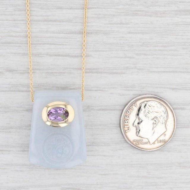2010s Amethyst Green Jadeite Jade Good Luck Pendant Necklace 14k Yellow Gold 17.5" For Sale - Image 5 of 5