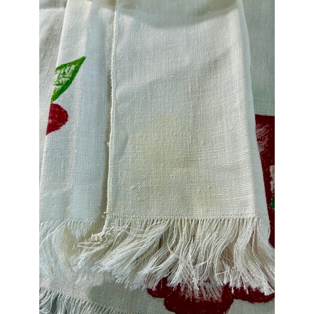 Vintage Mid Century Hand Painted Linen Tea Towels (Or Hand Kitchens Towels) Red Floral design.fringe Ivory Set of 2 /13” X 17” For Sale In Miami - Image 6 of 7