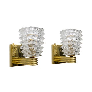 Art Deco Style Brass and Rostrato Murano Glass Sconces by Barovier & Toso, 2000, Set of 2 For Sale