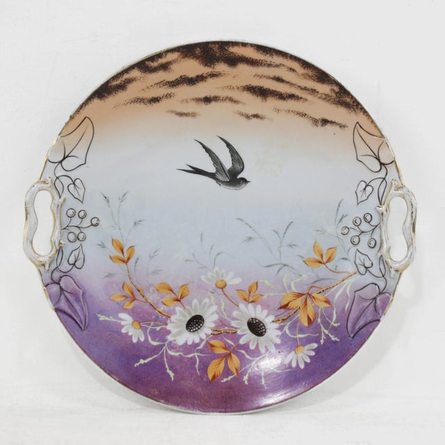 Ceramic Pair of Vintage Hand-Painted Porcelain Decorative Plates With Bird and Floral Motifs For Sale - Image 7 of 11