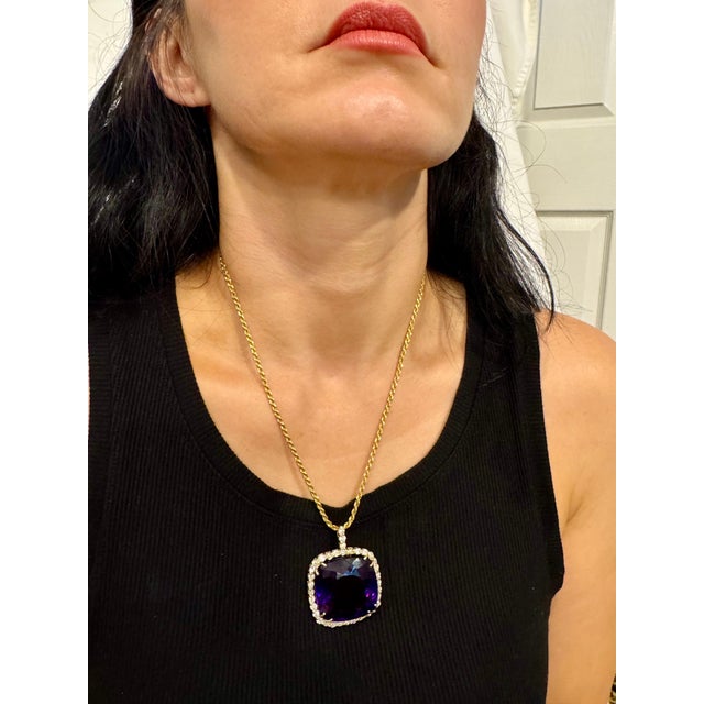 110Ct Cushion Amethyst & 5 Ct Diamond Pendant Necklace 14 K Yellow Gold + Chain For Sale - Image 12 of 18