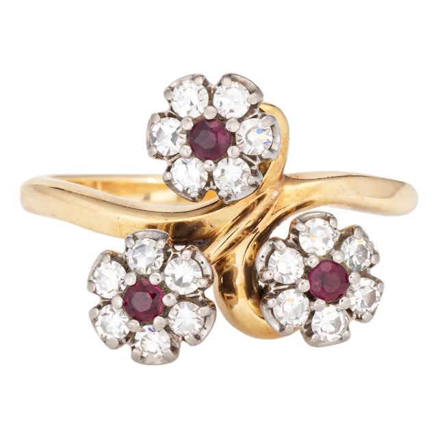 60s Vintage Jabel Ring Diamond Ruby 3 Flower Posey Cluster Sz 6.75 18k Gold For Sale