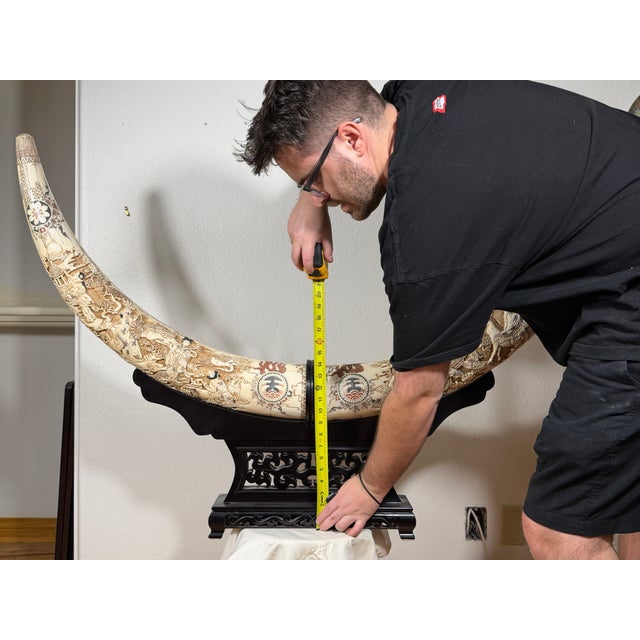 Wood Extra Large Vintage Chinese Carved Horn Sculpture on Stand, 52” For Sale - Image 7 of 12