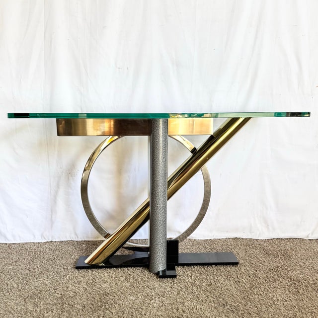 Postmodern Mixed-Metal and Glass Console Table by Kaizo Oto for Design Institute of America For Sale In Miami - Image 6 of 8