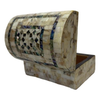 Handmade Mother of Pearl Jewelry Box – Geometric Inlay For Sale