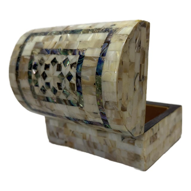 Handmade Mother of Pearl Jewelry Box – Geometric Inlay For Sale
