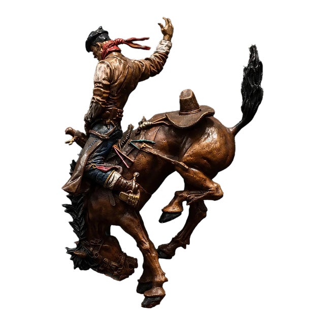 Hand Painted Cowboy Sculpture With Bucking Bronco on Stool Art Statue For Sale