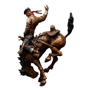 Hand Painted Cowboy Sculpture With Bucking Bronco on Stool Art Statue