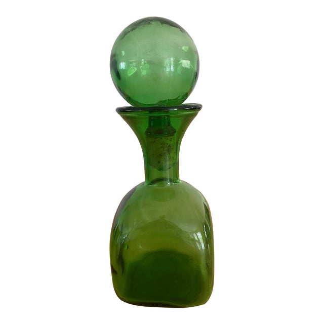1970s Vintage Mid-Century Modern Italian Green Glass Decanter/Carafe Empoli Italy For Sale