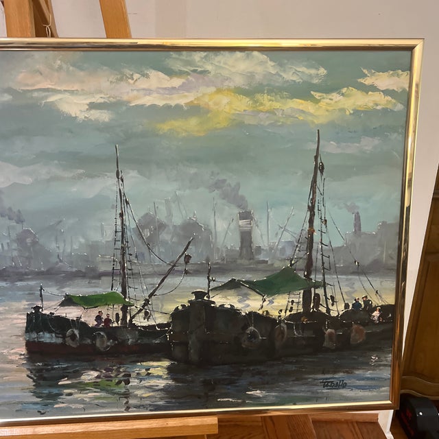 Blue 20th Century European School Oil on Canvas Boats in the Harbor Framed Signed For Sale - Image 8 of 12
