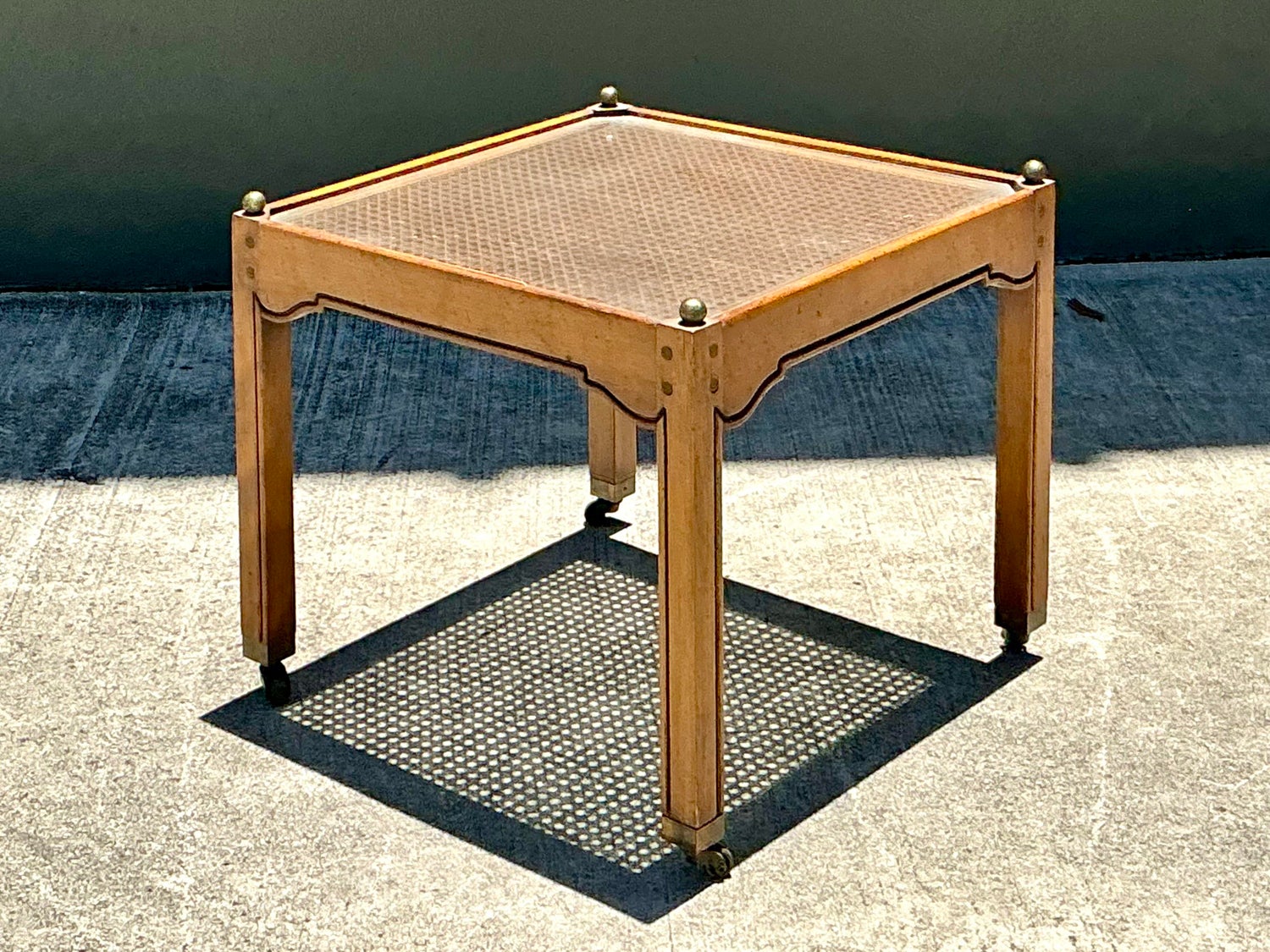Vintage Brass Detail Cane Inset Drinks Table - Back view