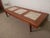 Large sofa table made of walnut grain with three thick marble inserts. Nice tapered legs, floating top and heavy, well...