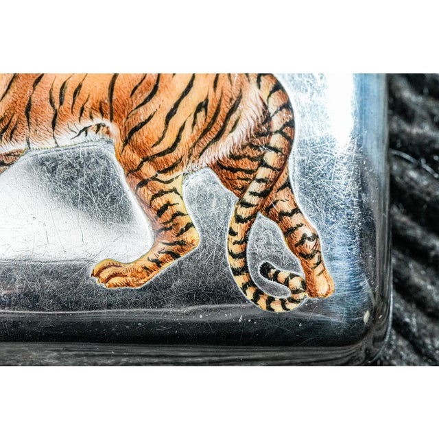 Fierce Hand Painted Enamel Tiger Antique Sterling Silver Luxury Cigarette Case Holder Tobacciana For Sale - Image 9 of 18