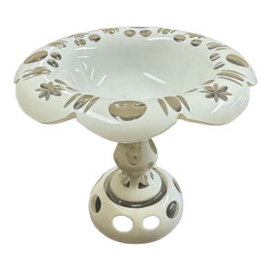 Antique Victorian Bohemian White Cut to Clear Art Glass 5.5" Compote
