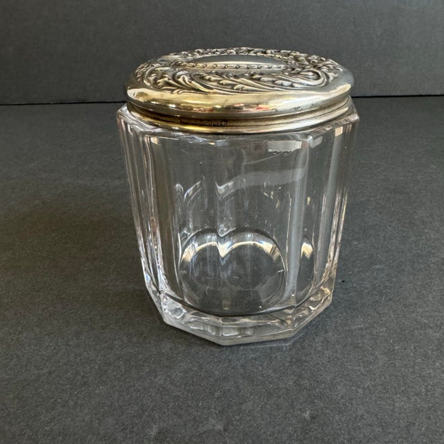 Early 20th Century Sterling Silver Vanity Jar Victorian Glass Dresser Jar With Repousse Lid For Sale - Image 5 of 11