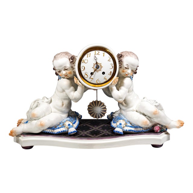 Vintage Art Deco Mantle Clock with Two Putti by Paul Scheurich for Meissen, 1920s For Sale