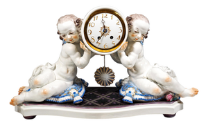 Vintage Art Deco Mantle Clock with Two Putti by Paul Scheurich for Meissen, 1920s