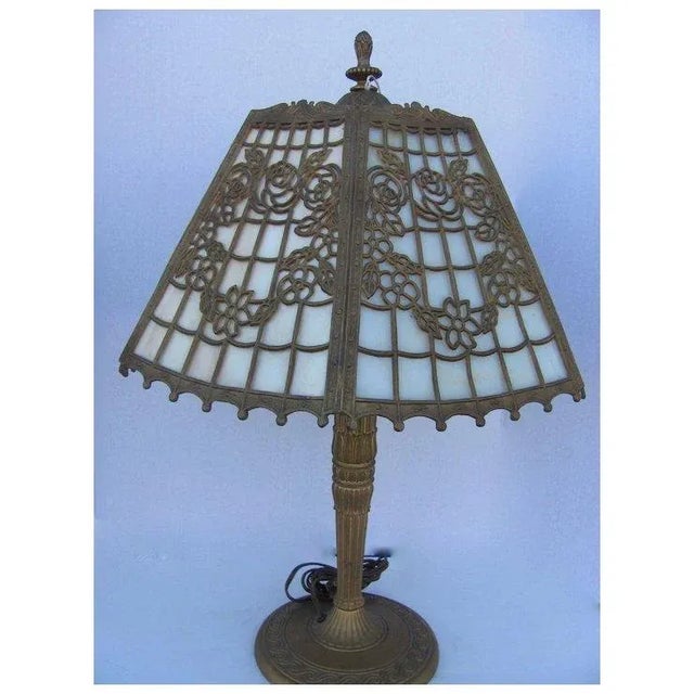 Carmel slag glass flower filigree table lamp with flower designed shade with original base 23" tall 16" wide very unusual...