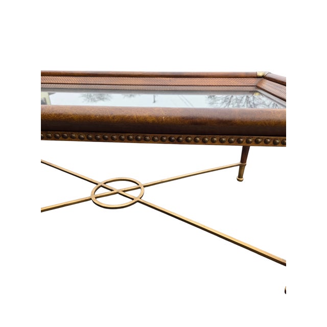 Brown French Regency Campaign Coffee Table Leather Wrapped Wrought Iron X Base Vintage For Sale - Image 8 of 12