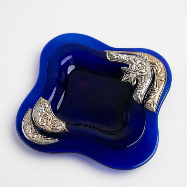 Vintage Cobalt Blue Glass Catchalls With Silver Overlay - Set of 2 For Sale - Image 9 of 12