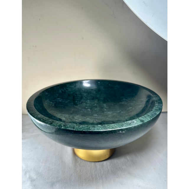 Metal Contemporary Green Marble Bowl on Brass-Cladded Base -Ralph Lauren-. For Sale - Image 7 of 9