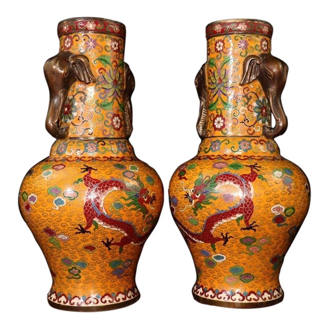 Pair of Chinese Cloisonné Vases | Dragon & Phoenix Motif With Elephant Handles For Sale