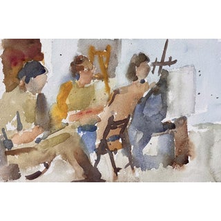 Untitled 15 by Clyde Steadman | Watercolor on paper of three figures in an art studio For Sale