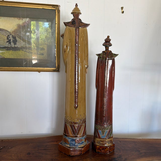 Mid 20th Century Pair of Monumental Asian-Inspired Glazed Ceramic Court Figures For Sale In Boise - Image 6 of 12
