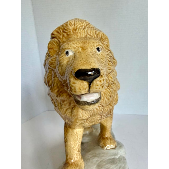 Ceramic Mid-Century Hand-Painted Glazed Ceramic Lion Figurine on Rock Base For Sale - Image 7 of 14