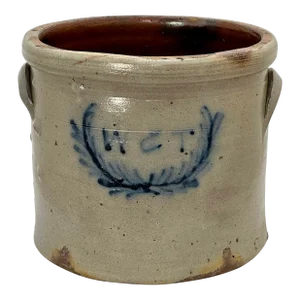 Wonderfully Rustic Antique American Blue Decorated Stoneware 1 1/2 Gallon Storage Crock - Mid 19th Century