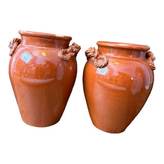 Pair of Large Vintage Vietri Italian Terracotta Vases With Braided Rope Handles For Sale
